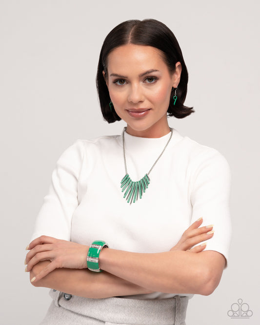 Complete Look! - Fashionable Fringe Necklace and Colored Cameo Green Bracelet Set