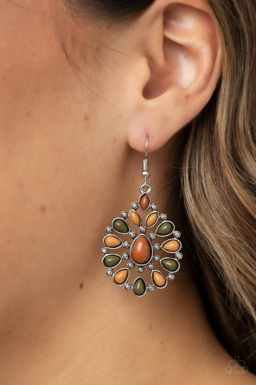 Lively Luncheon - Multi Green and Tan Earrings